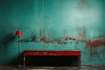 Empty red wooden table against a green grunge wall with red lamp and cracks. High quality photo