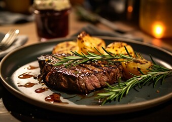 Grilled beef steak in a small plate with rosemary and pepper served on a plate in restaurant.AI Generative