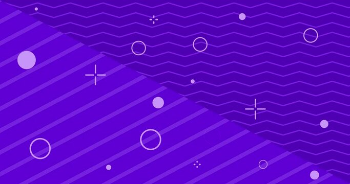Flat Animated background consist of stripes and zigzag lines, circle rings and cross moving and growing. Abstract geometrical shape motion graphics background of purple color. 