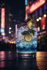  A cocktail with ice in front of colorful neon lights