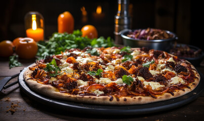 Oven-Fresh Shawarma Pizza: Loaded with Mozzarella, Sauce, and Olives on Wood