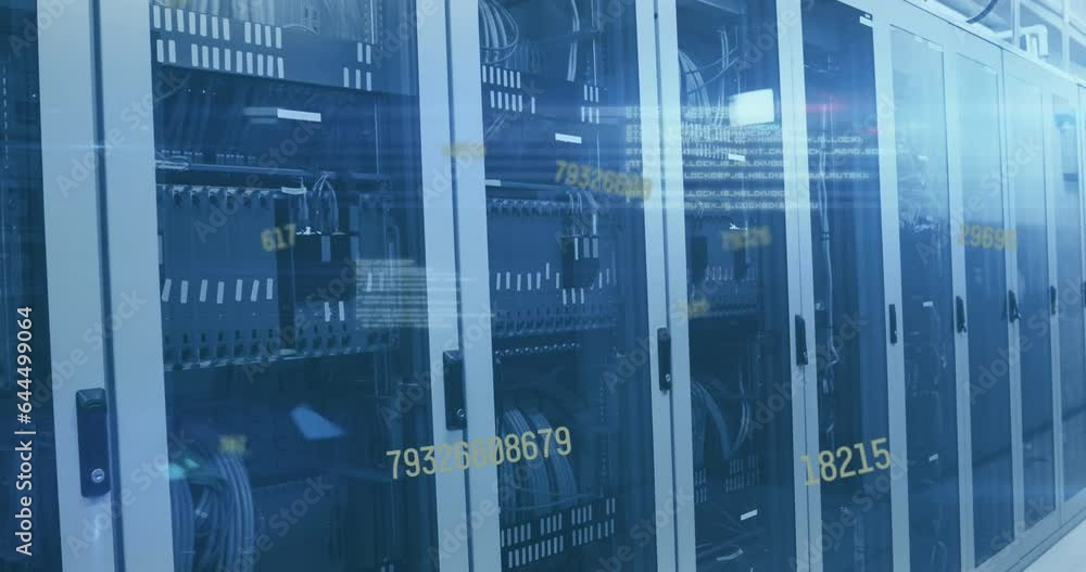 Poster animation of multiple changing numbers, data processing and light spot against computer server room