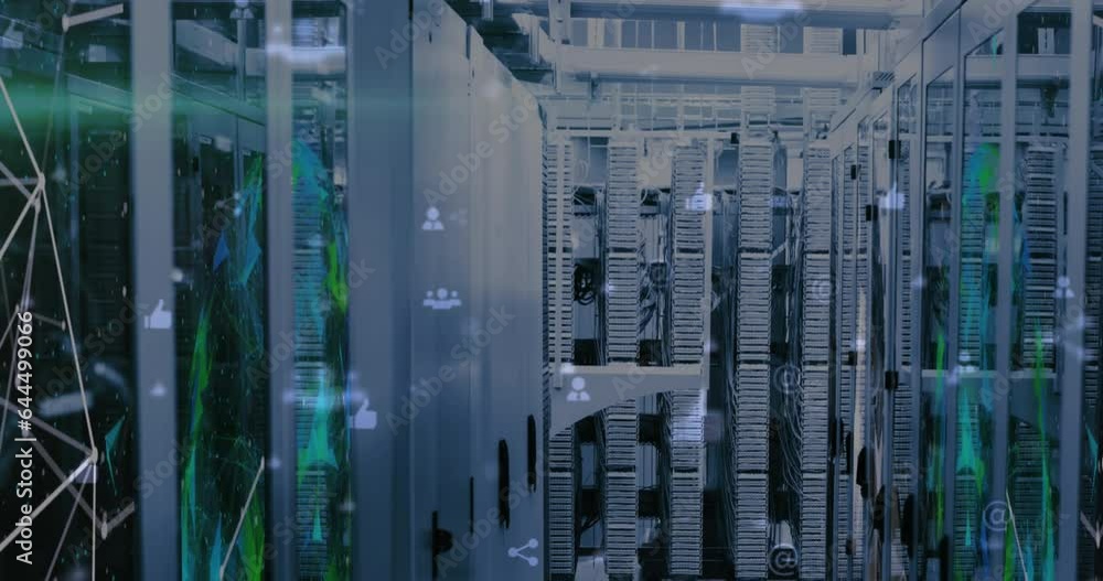 Poster animation of profile icons and plexus networks against computer server room