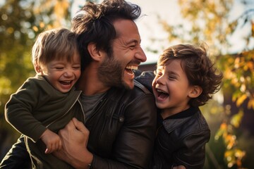 Fototapeta premium Laughing father with two sons in nature