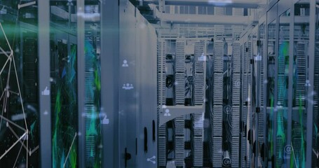Animation of profile icons and plexus networks against computer server room - Powered by Adobe