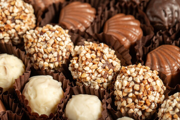 Truffle chocolate. Various chocolate pralines in bulk. close up