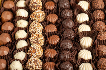 Truffle chocolate. Various chocolate pralines in bulk