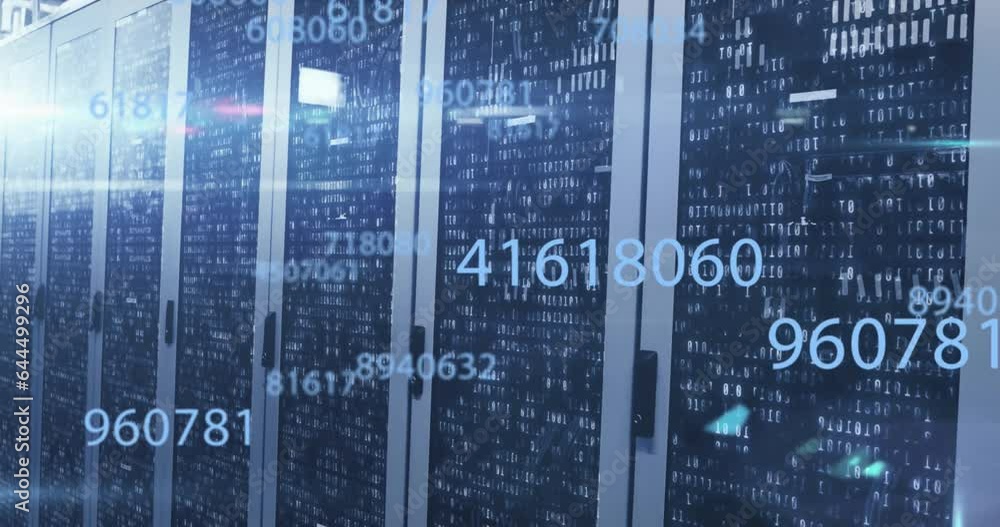 Poster animation of multiple changing numbers, mosaic squares and light spot against computer server room