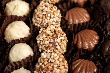 Truffle chocolate. Various chocolate pralines in bulk. close up