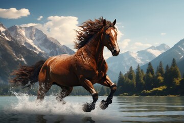 Horse running in water. Generative Ai