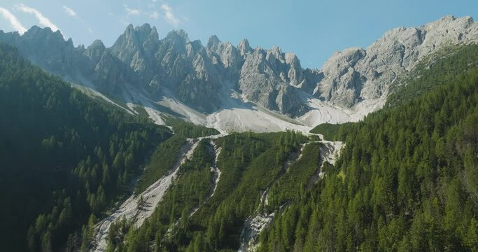 Aerial view of Croda dei Baranci (Birkenkofel) mountain peak on the Dolomites range, San Candido (Innichen), Trentino, South Tyrol, Italy.