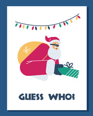 Poster or vertical banner with secret Santa holding bag and gift box flat style