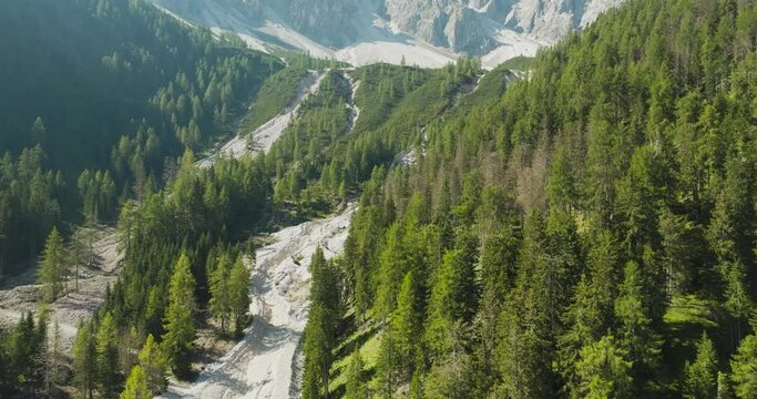 Aerial view of Croda dei Baranci (Birkenkofel) mountain peak on the Dolomites range, San Candido (Innichen), Trentino, South Tyrol, Italy.