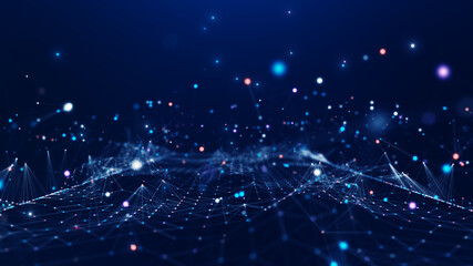 Digital technology concept big data visualization. Abstract polygonal multicolored particles connected on a dark blue background.