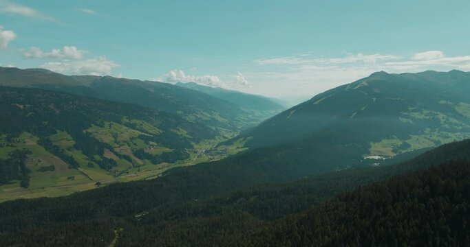 Aerial view of Versciaco town as seen from Croda dei Baranci (Birkenkofel) mountain peak on the Dolomites range, Trentino, South Tyrol, Italy.