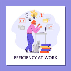 Excited man working at standing table, concept of efficiency at work, poster flat vector illustration.