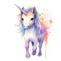 Watercolor illustration of a cute little unicorn pony. Clipart, design element
