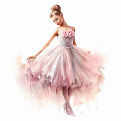 Cute watercolor illustration of a ballerina, pink tutu, pointe shoes, full length graceful slim girl