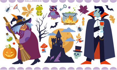 Vector cartoon halloween set. Cute and spooky icons collection with witch, vampire, potion, castle, dracula, pumpkin, bat, skull, owl, cauldron, broom, insects, fly agaric. Flat isolated illustration.