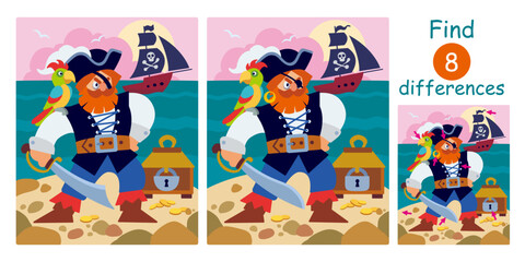 Pirate with parrot on his shoulder, saber in his hand and treasure chest. Sailing ship with black flags in sea. Find differences, education game for kids. Halloween color flat vector illustration.