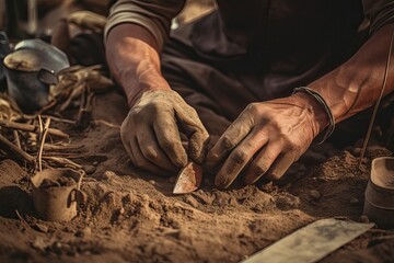 Archaeologist's Hands Unearthing Ancient Artifacts in Dust
