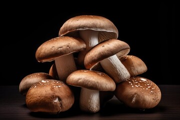 Shiitake mushrooms on a black background. Shimeji mushrooms. Generative AI