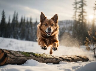  A dog jumps over a log in the snowy winter forest