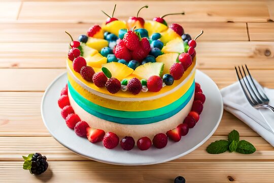 birthday cake with berries, A pineapple that's made of rainbow cake inside, food photography style. 