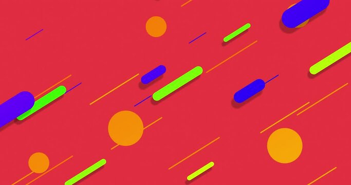 Seamless looped Colorful assorted geometrical shapes like circles, speed lines and rectangle capsule  moving diagonally. Abstract flat animated minimal motion graphics background.