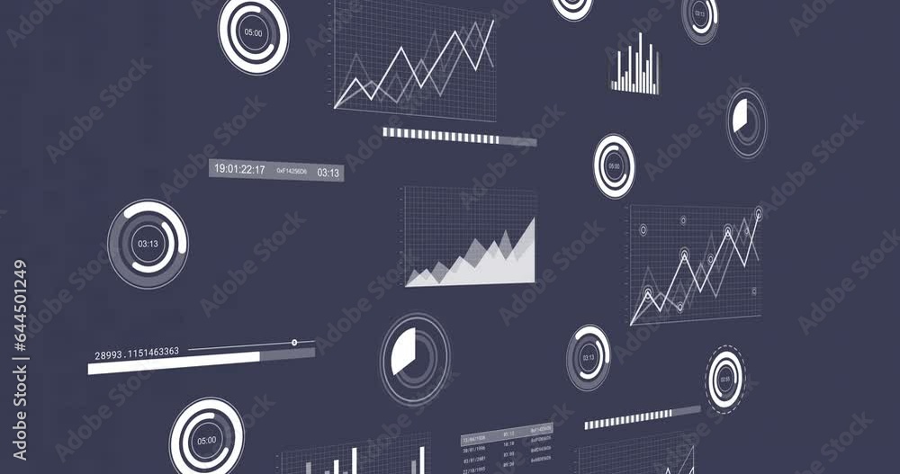 Poster animation of interface with statistical data processing against blue background