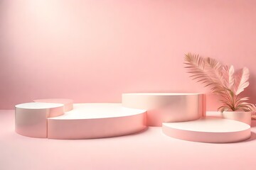 Two glossy pastel pink and cream colored round podiums against pink wall with tree leaf shadows and natural sunlight. 