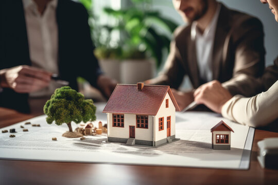 3d render model of a small living house on a table in a real estate agency. Estate agent and the buyer clients signing mortgage contract document on the blurry background. Within a modern office.