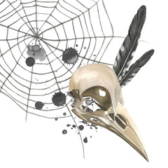 Watercolor illustration of a crow skull, cobwebs, cuckoo feathers and ink blots. Isolated on a transparent background hand drawn