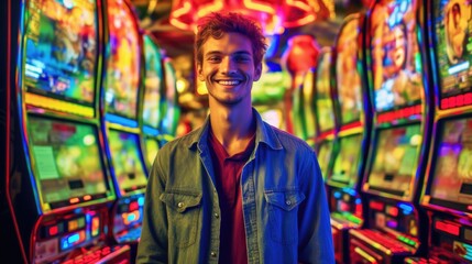 Young man laughing in front of gaming machines in casino