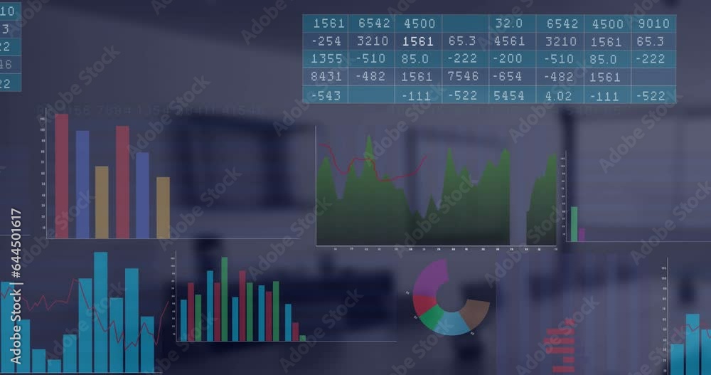 Poster animation of interface with statistical data processing against empty office