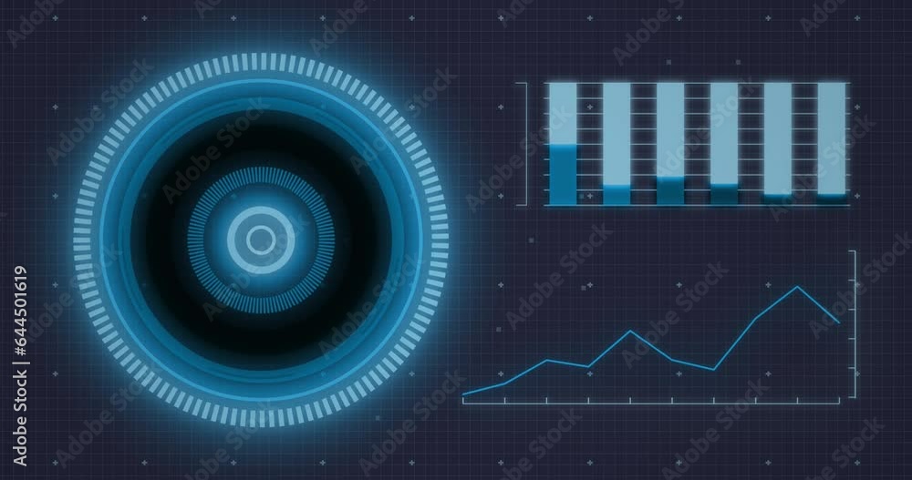 Poster animation of interface with neon round scanner and data processing against blue background