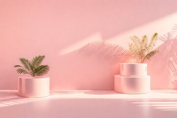 Two glossy pastel pink and cream colored round podiums against pink wall with tree leaf shadows and natural sunlight. 