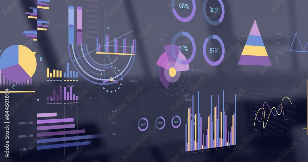 Poster animation of interface with statistical data processing against empty office