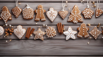 Sweet baked brown ginger cookies in the shape of a Christmas tree, a heart, a ginger man with a white glazed pattern on a wooden background