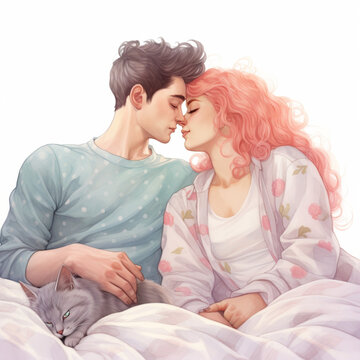 A couple in pajamas cuddle in bed. A young man and a woman kiss. Watercolor illustration.
