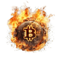  Burning bitcoin isolated on a transparent background, PNG .