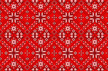 Vector illustration of Ukrainian ornament in ethnic style, identity, vyshyvanka, embroidery for print clothes, websites, banners. Background. Geometric design, border, copy space, frame