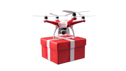 Drone holding a gift box isolated on a transparent background.
