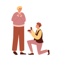 Young man on knee making marriage proposal flat style, vector illustration