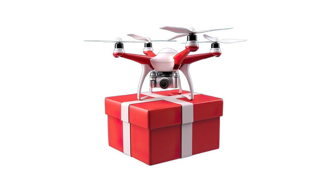 Drone Holding A Gift Box Isolated On A Transparent Background.