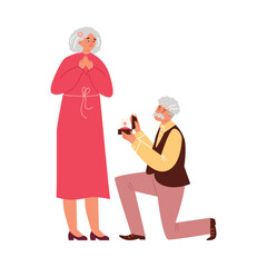 Old man on knee marriage proposal with beautiful ring flat style, vector illustration