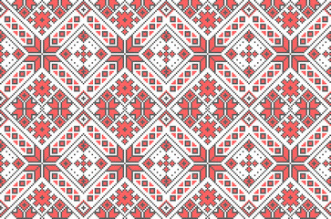 Vector illustration of Ukrainian ornament in ethnic style, identity, vyshyvanka, embroidery for print clothes, websites, banners. Background. Geometric design, border, copy space, frame