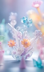 Pastel colored 3d glassy flower illustration. Ai generated art.