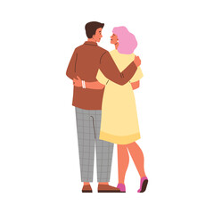 Young enamored couple hugging, back view, love relationship and tenderness, cartoon vector characters in honeymoon