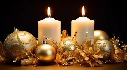 White burning candles, golden Christmas tree toys and decorative flowers on a dark background